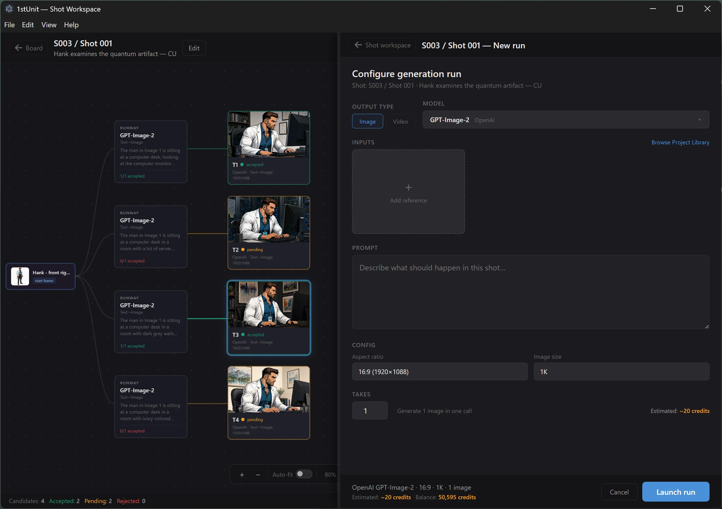 The shot workspace with the New Run form open in the right panel, showing the full form from top to bottom.