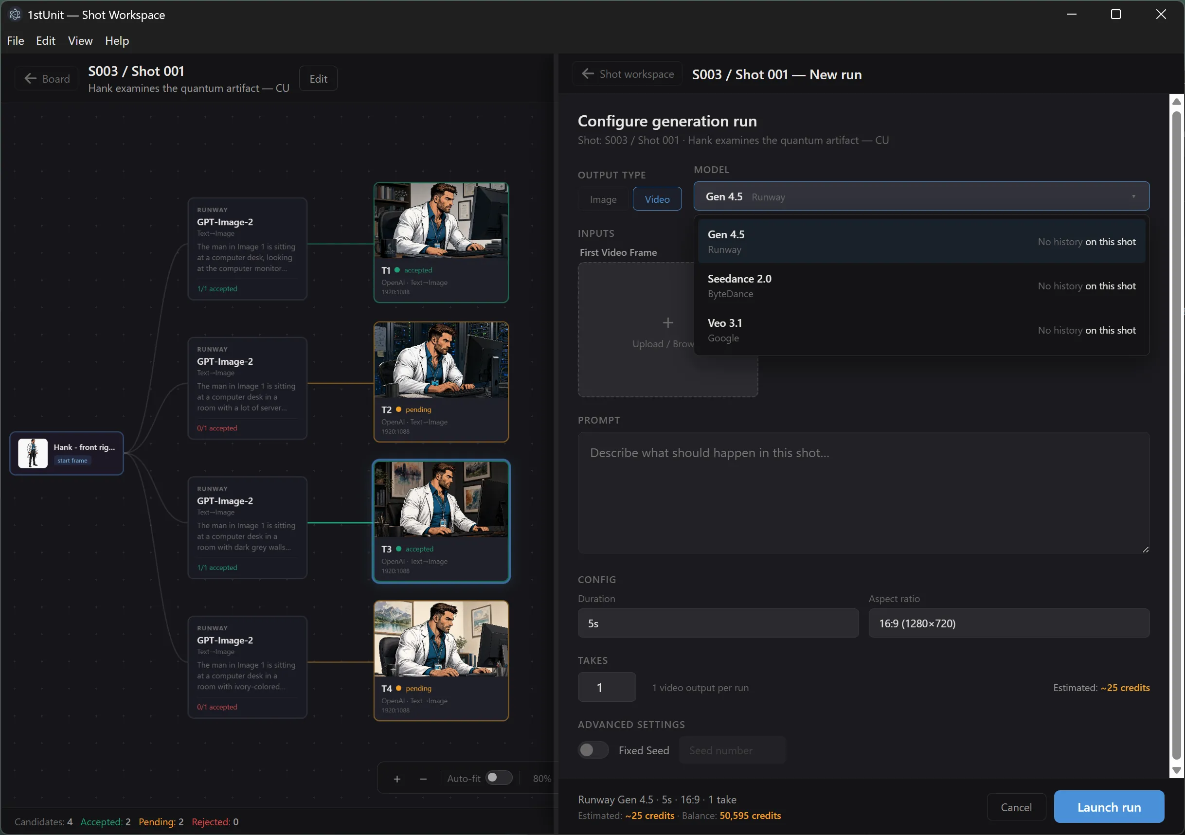 The Output type pills next to the Model picker dropdown open, showing the image or video models with their stats.
