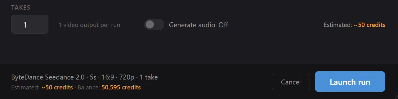 The bottom of the New Run form showing the credit balance on the left and the Launch button on the right.