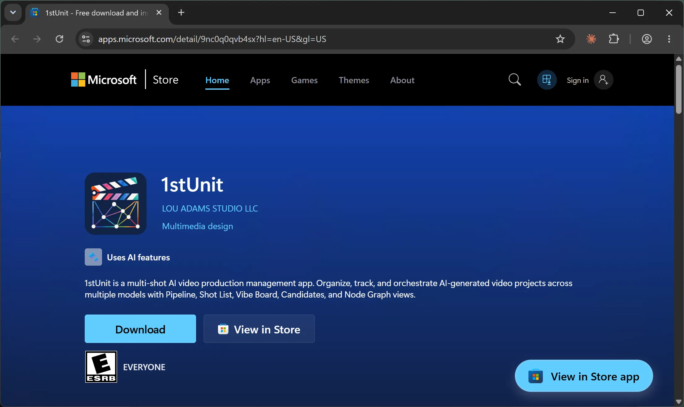 The 1stUnit listing on the Microsoft Store, showing the Install button.