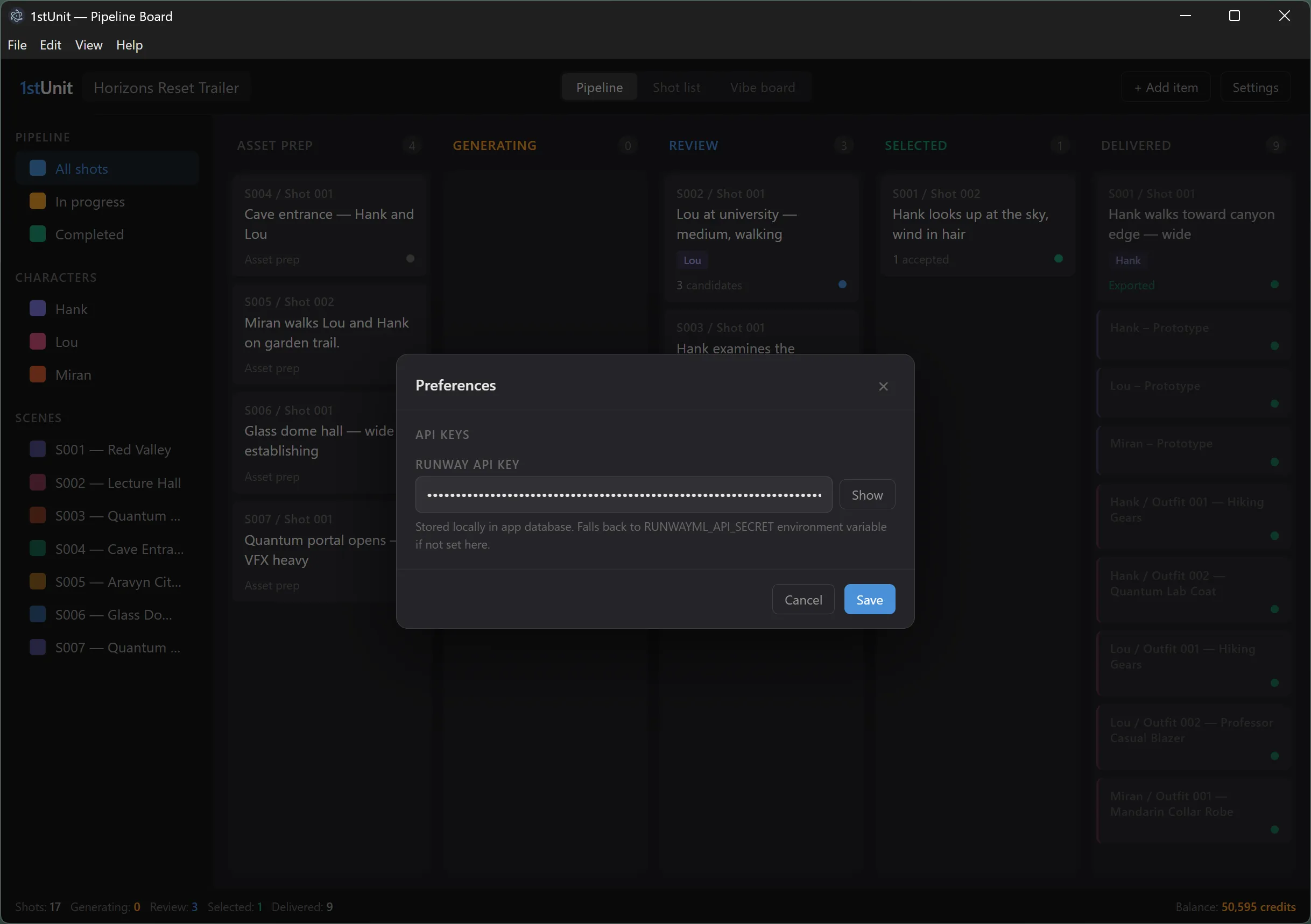The Preferences dialog with the Runway API key field highlighted.