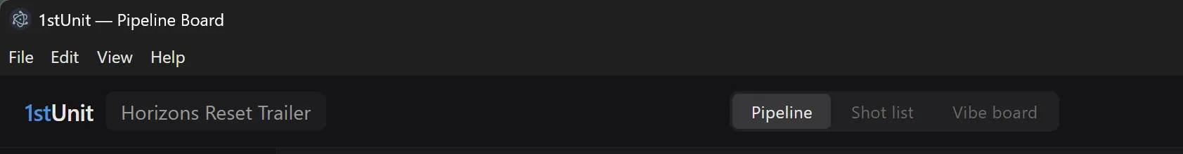 The top bar of the home screen, showing the Pipeline | Shot List | Vibe Board toggle buttons.