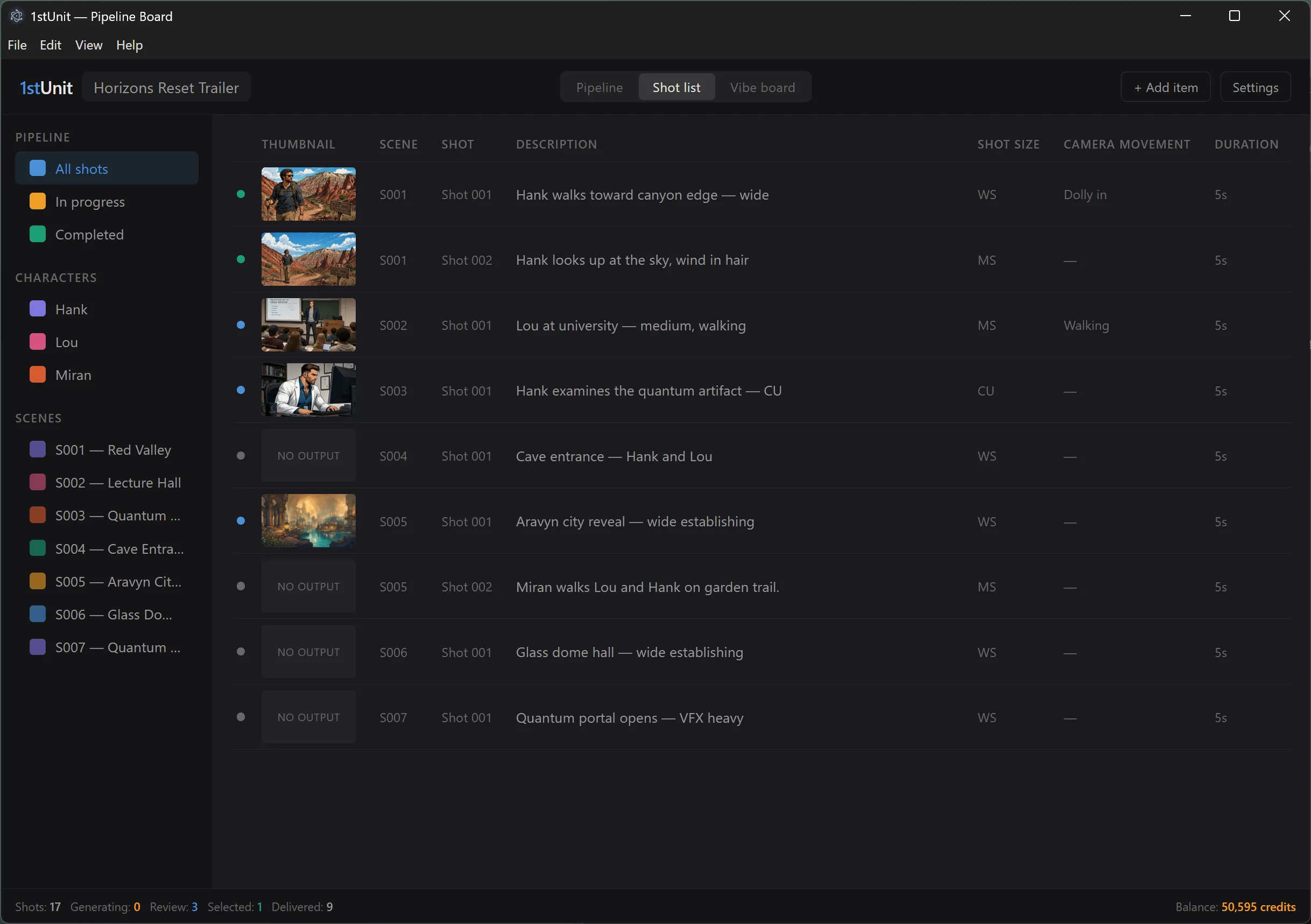 The Shot List view as a table, with several rows of shots, each with a thumbnail and metadata columns.