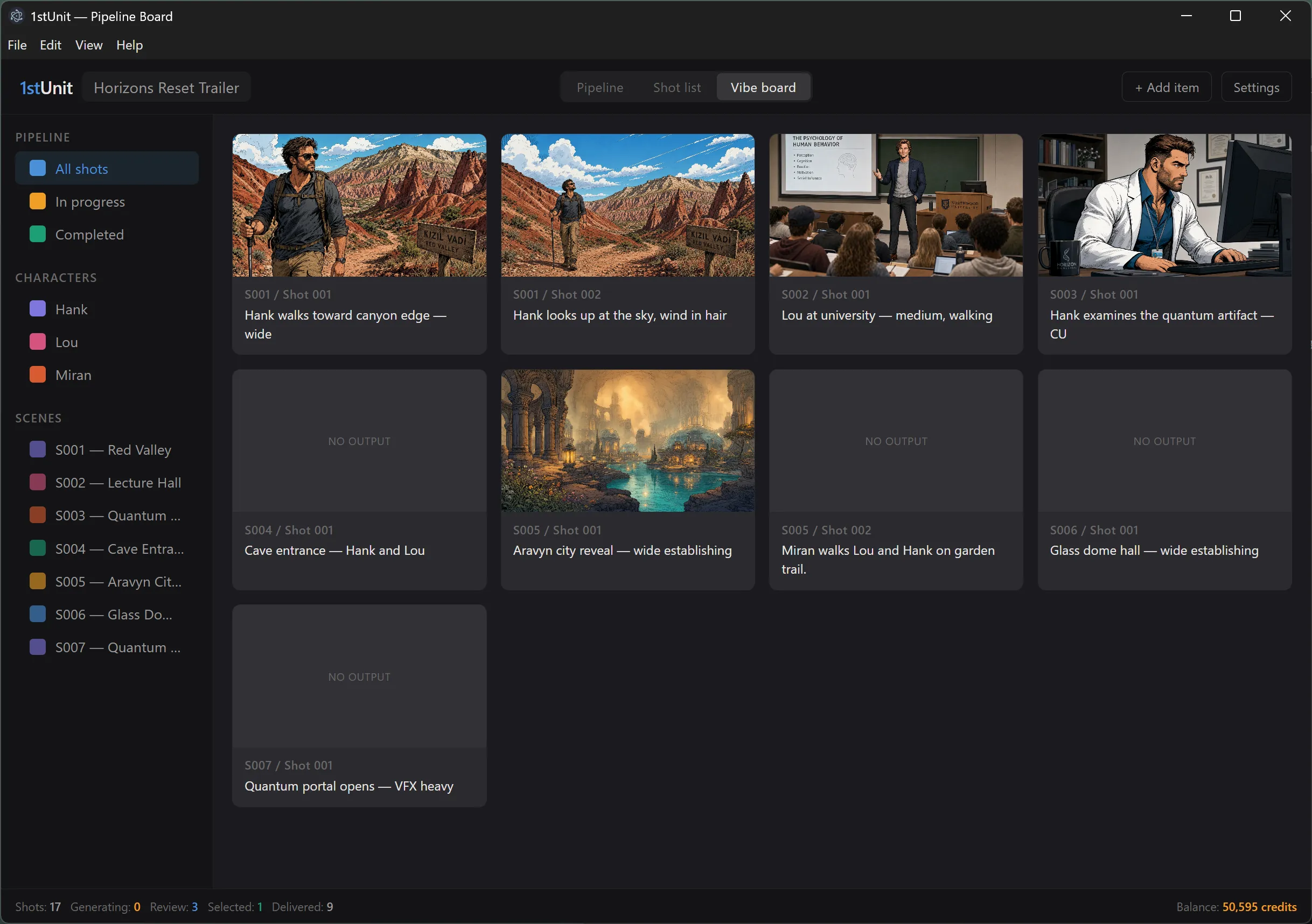 The Vibe Board view, showing a grid of large shot thumbnails with no text labels.