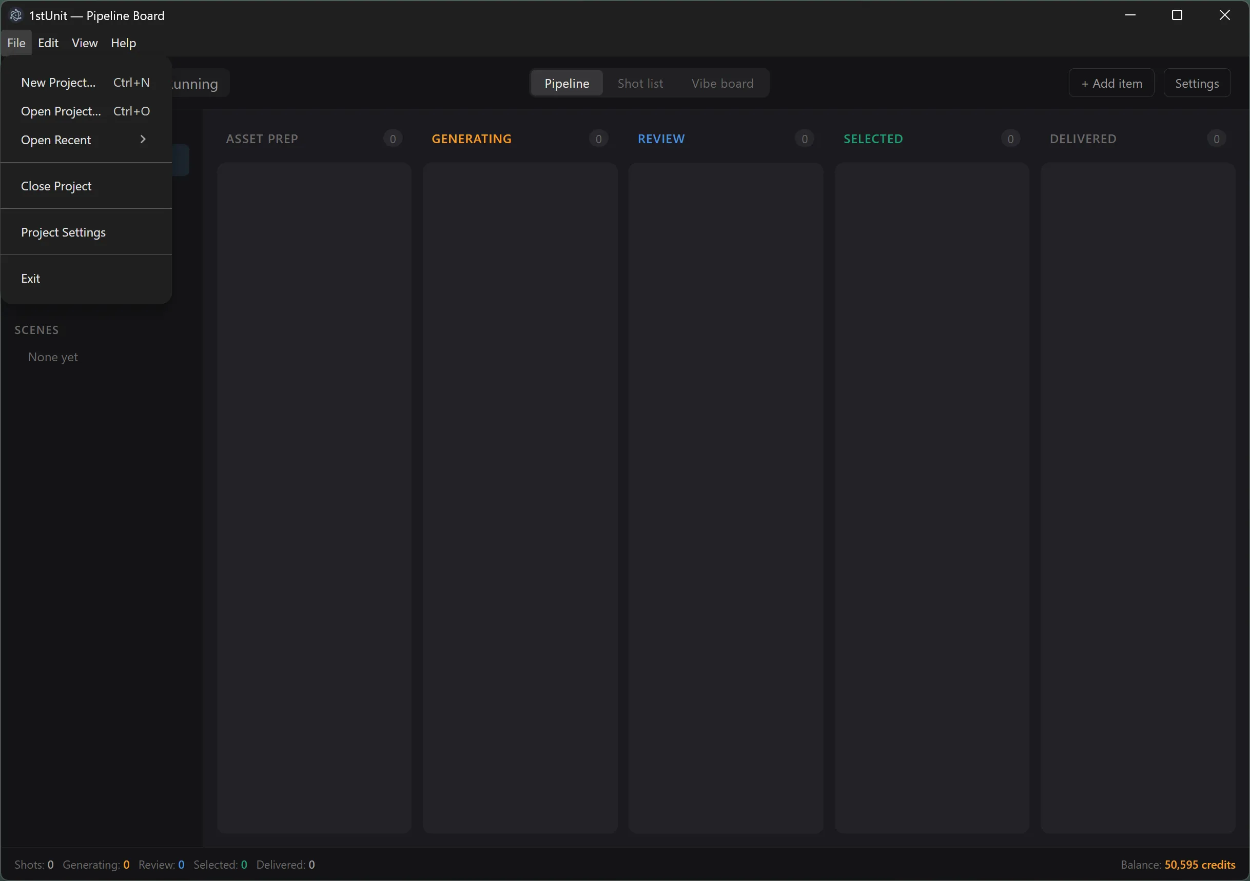 The File menu open, showing all the project actions.