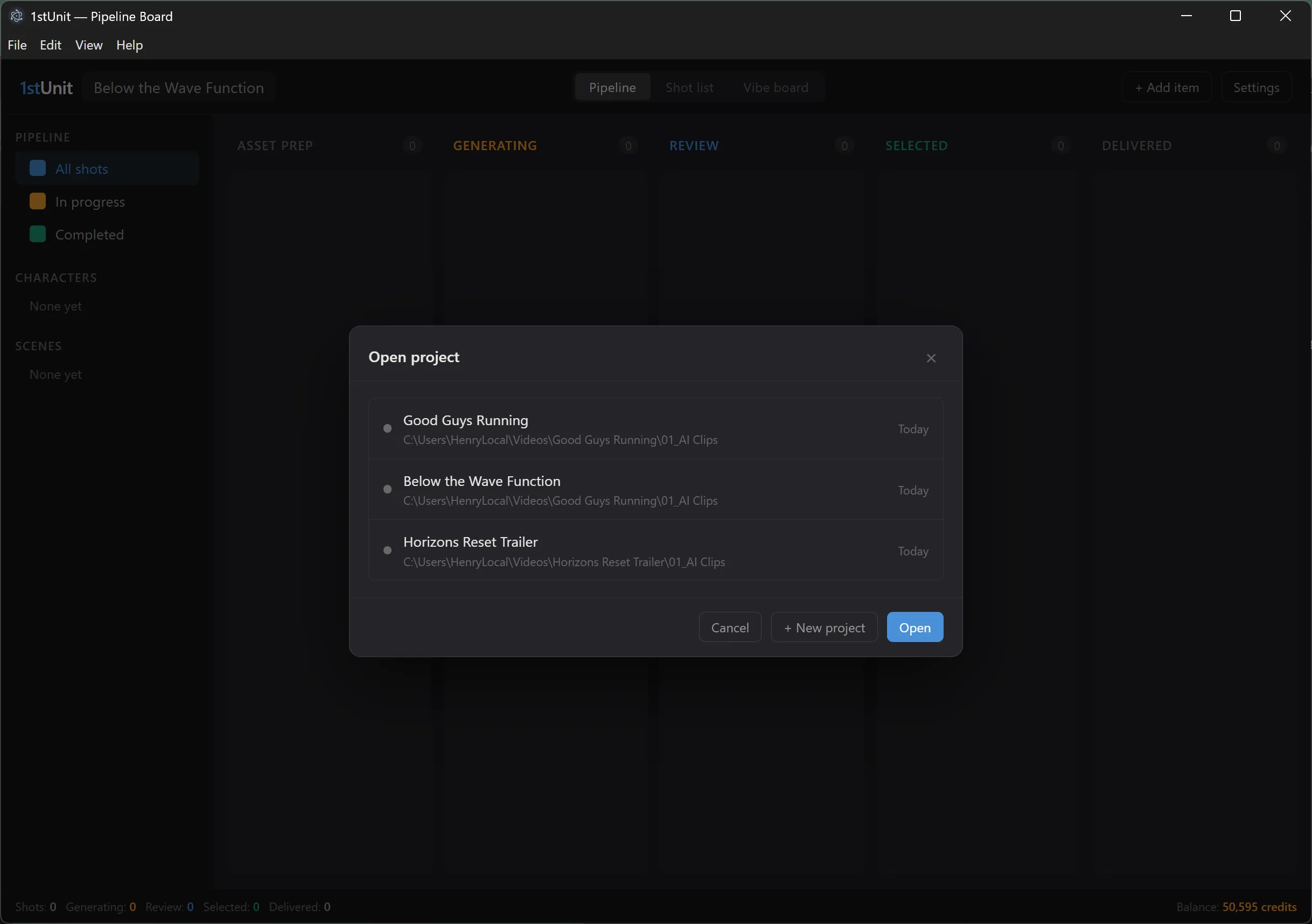 The Open Project modal with three buttons and a list of recent projects.