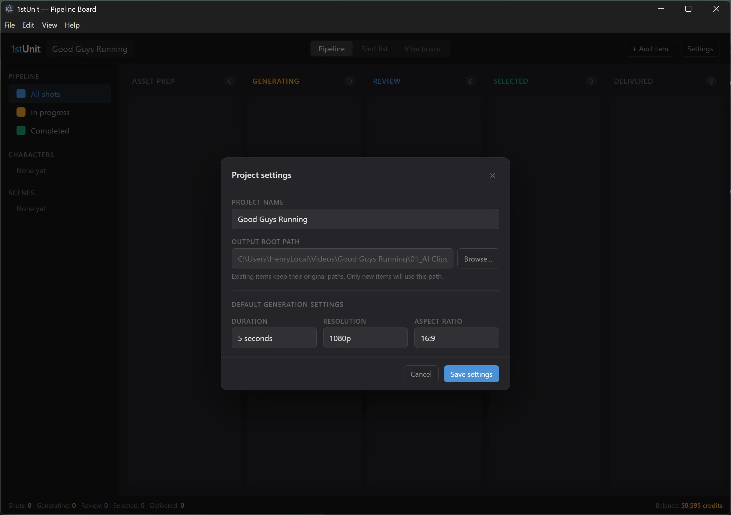The Project Settings form with the name, output root, and default generation fields visible.