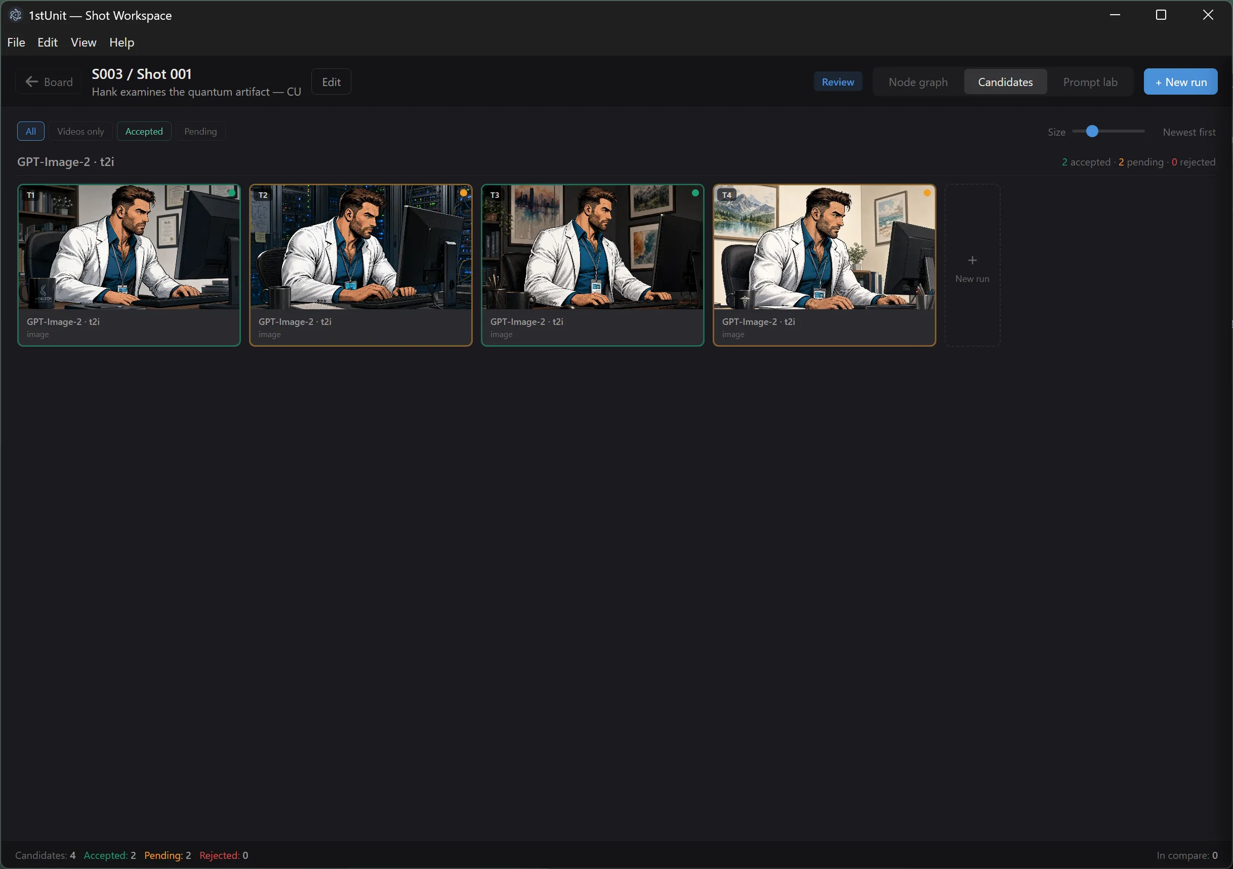 The shot workspace top bar showing the title, Edit and Delete buttons, the three tabs, and the New Run button.