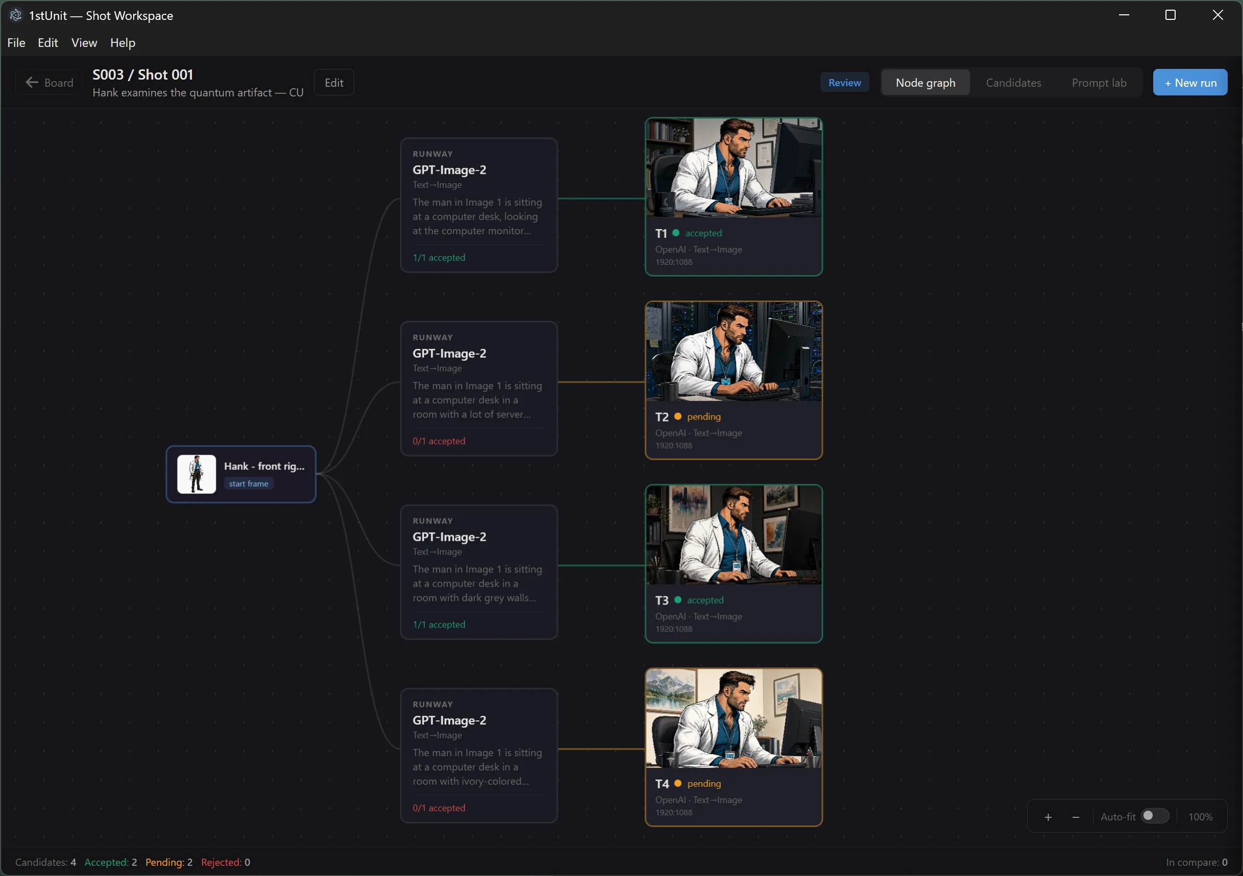 The node graph view with input nodes on the left, run nodes in the middle, and a tree of artifact nodes branching out to the right.