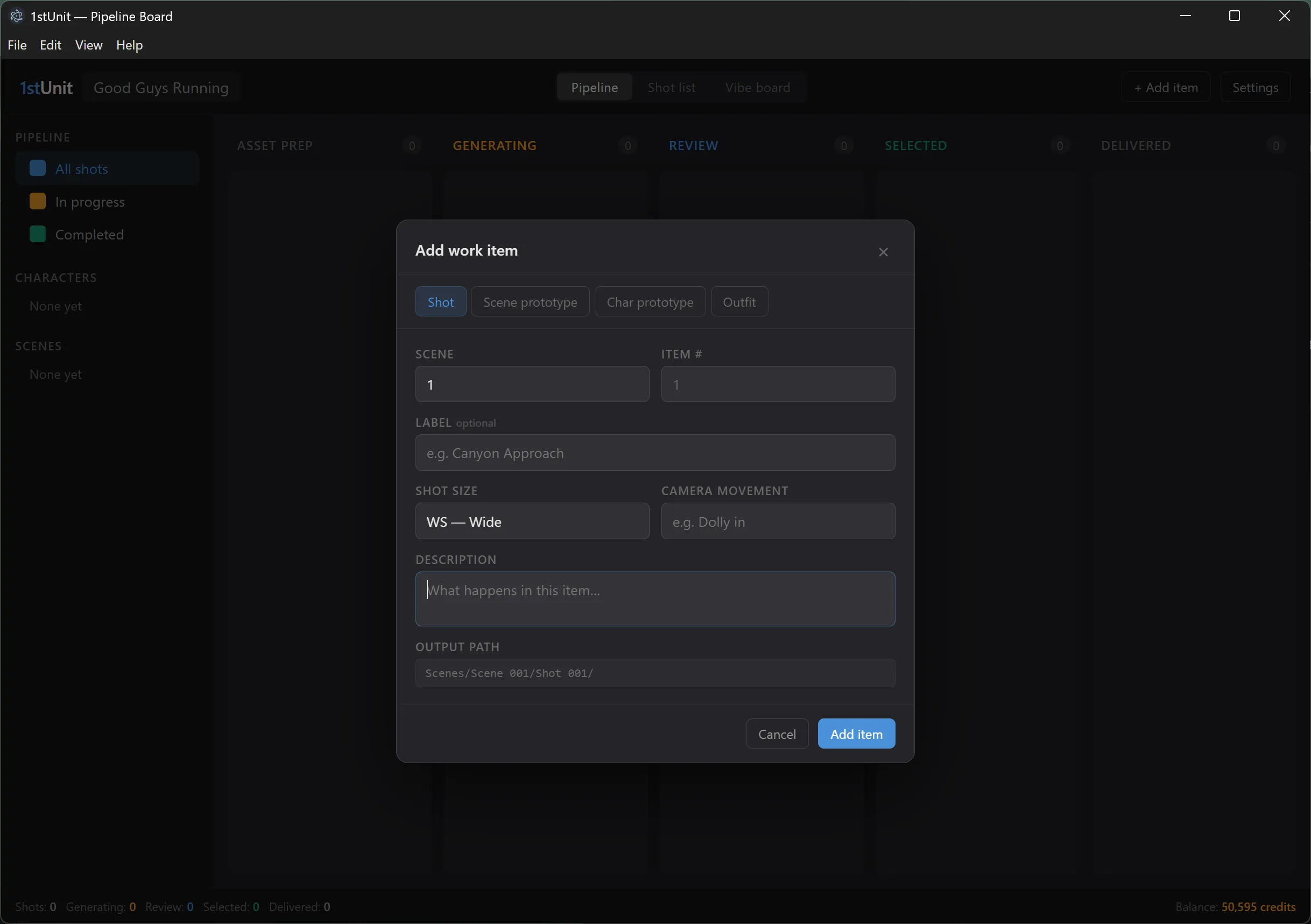 The Add Work Item form with the work type dropdown open, showing the four options.