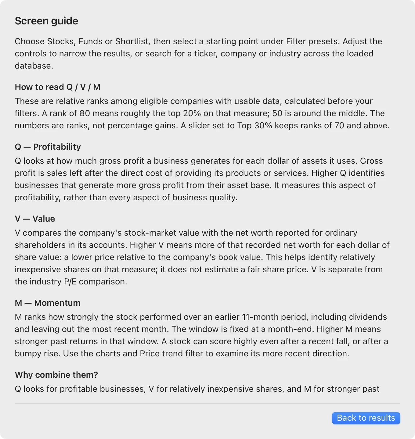 Signalbook’s Screen guide explains how to read Q, V and M, the meaning of minimum percentiles and why the measures are combined.