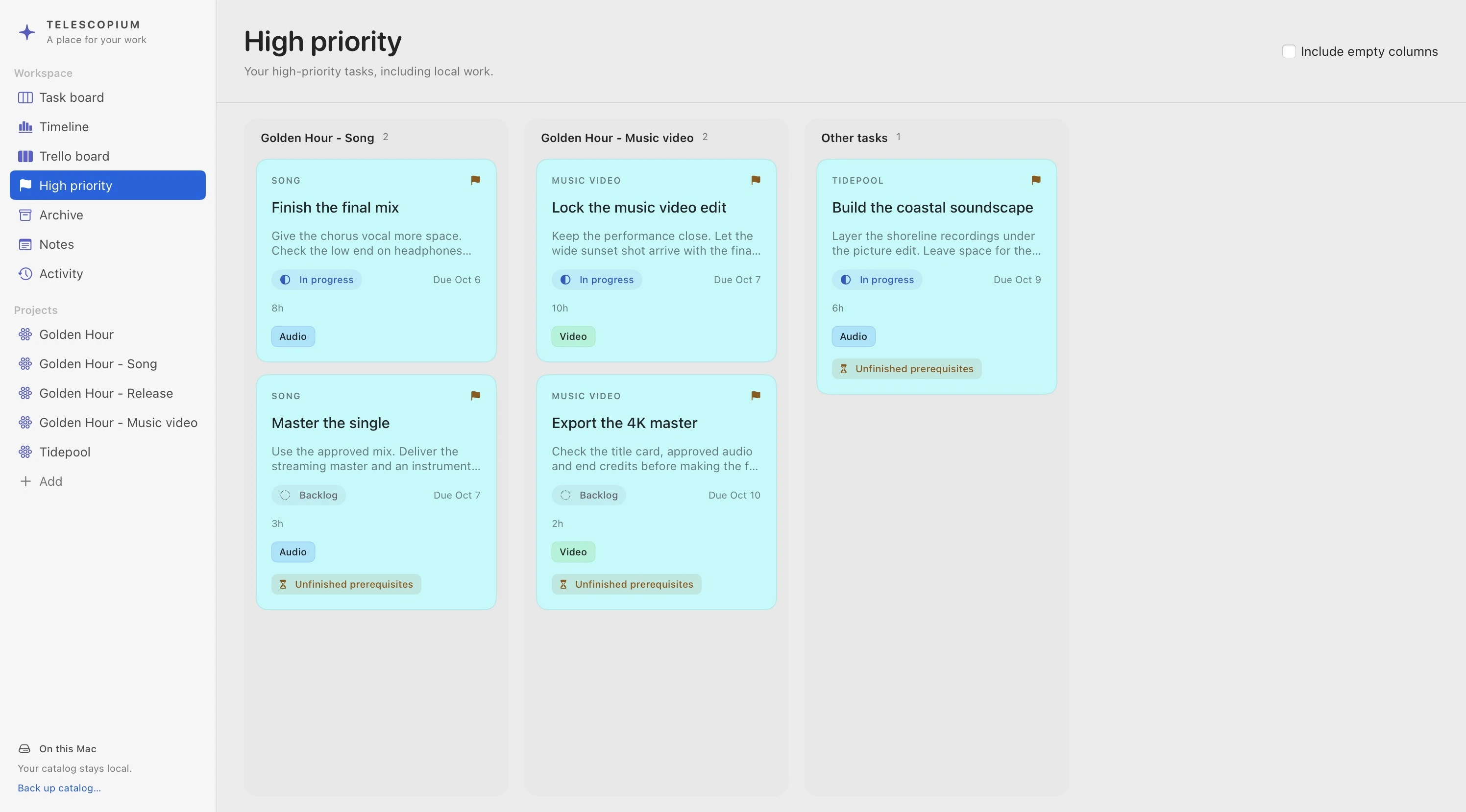 The High priority view collects urgent mixing, mastering, video and local sound design work, retaining project columns and a separate Other tasks column.