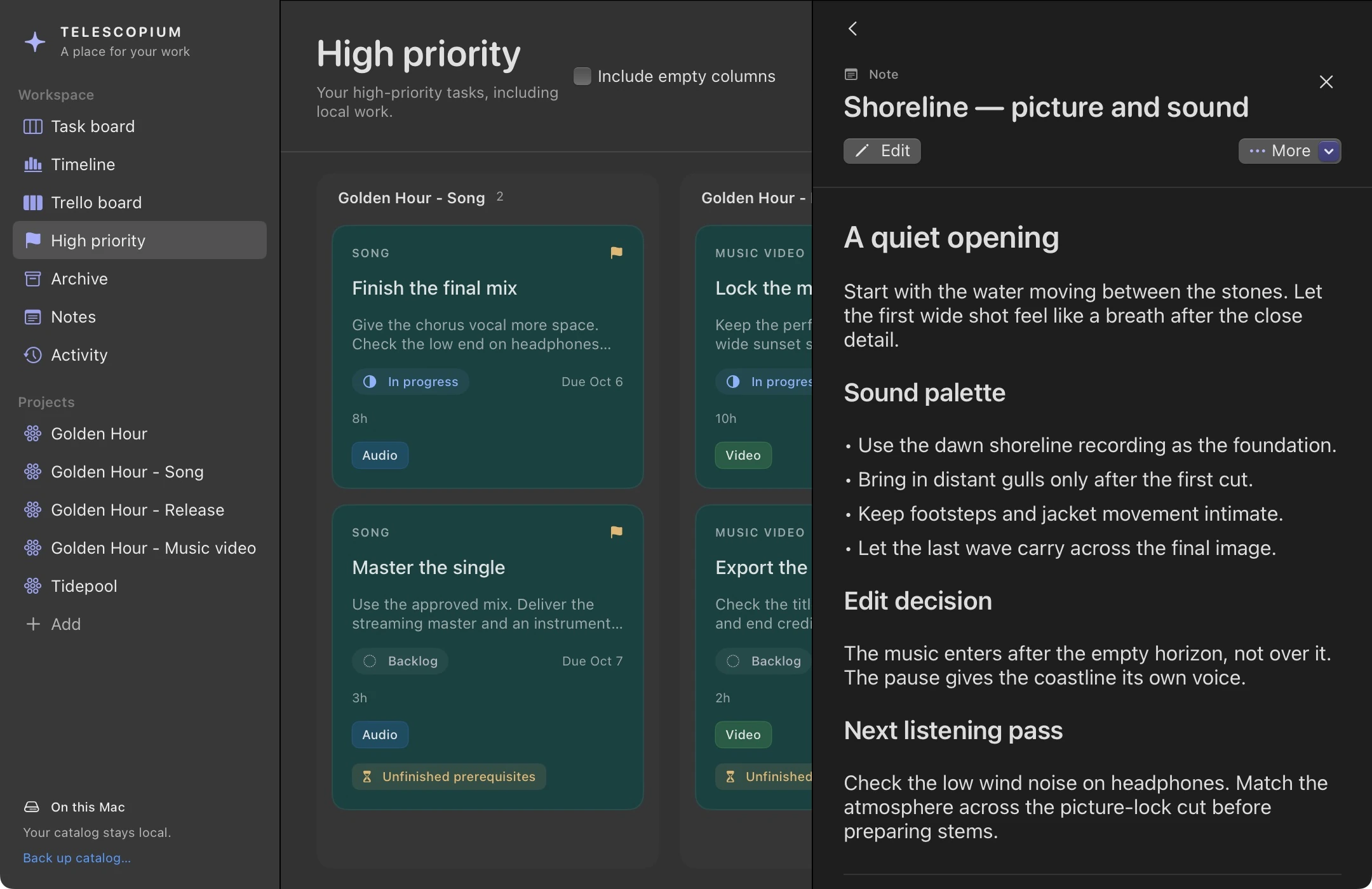 A production note about shoreline picture and sound opens in the details panel with readable headings and a Back control leading to the original sound design task.
