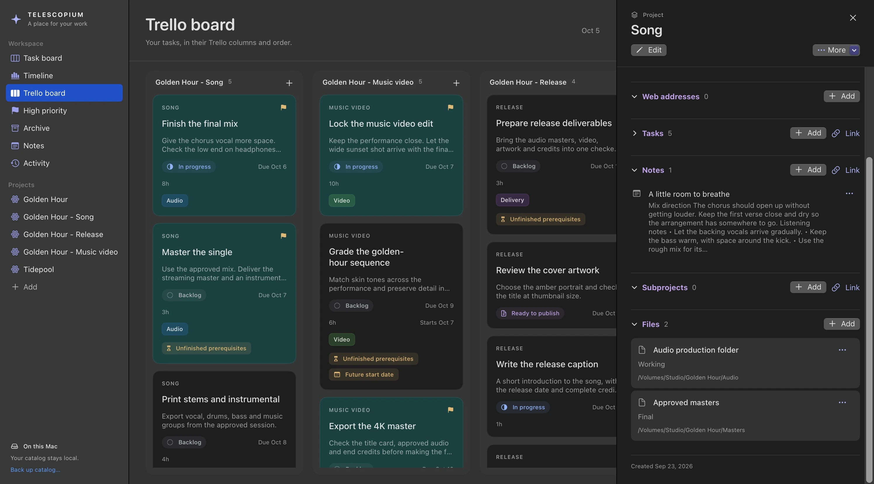 Trello columns for a fictional Golden Hour release remain visible while the Song subproject’s details open in the right panel, connecting the board to its project context.