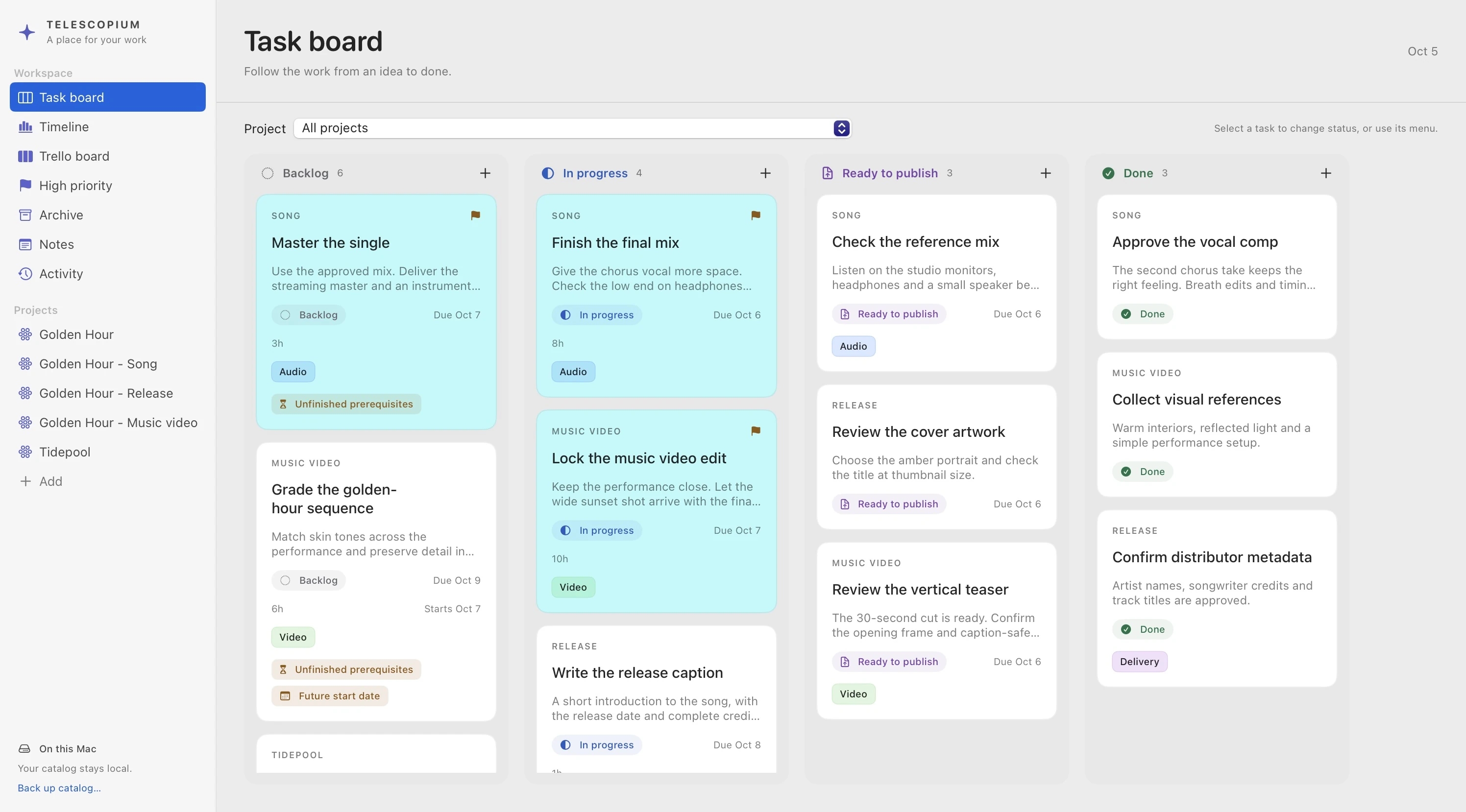 Telescopium’s task board groups music and film production tasks into Backlog, In progress, Ready to publish and Done, with project labels, dates and priority highlights.