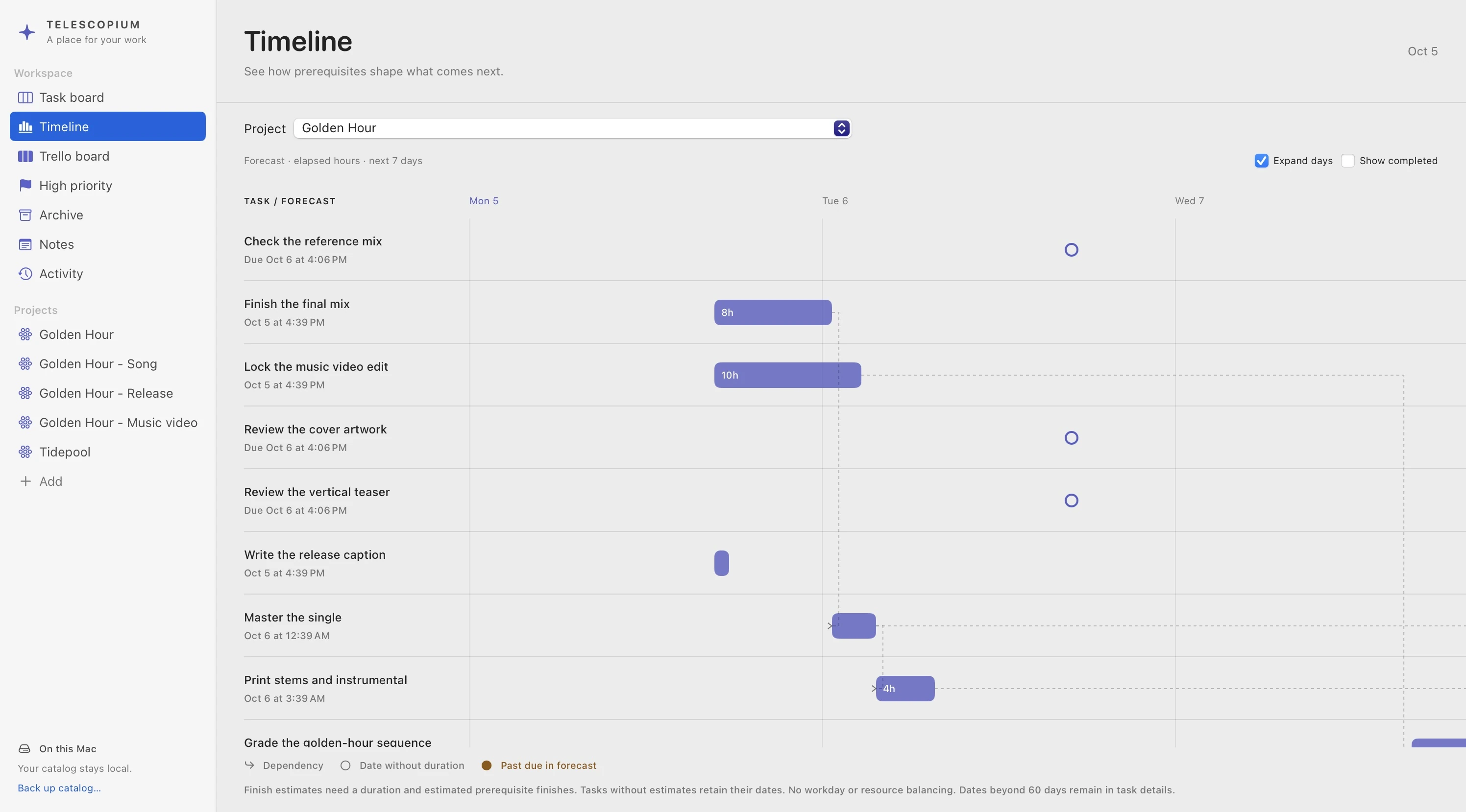 Telescopium’s timeline shows tasks for the Golden Hour production with forecast bars, date markers and dependency connectors from mixing to mastering and stem delivery.